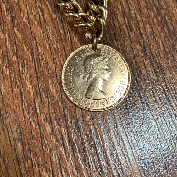 Vintage Jewelry - Vintage gold plated Queen Elizabeth II 1953 one penny on chunky 15” chain